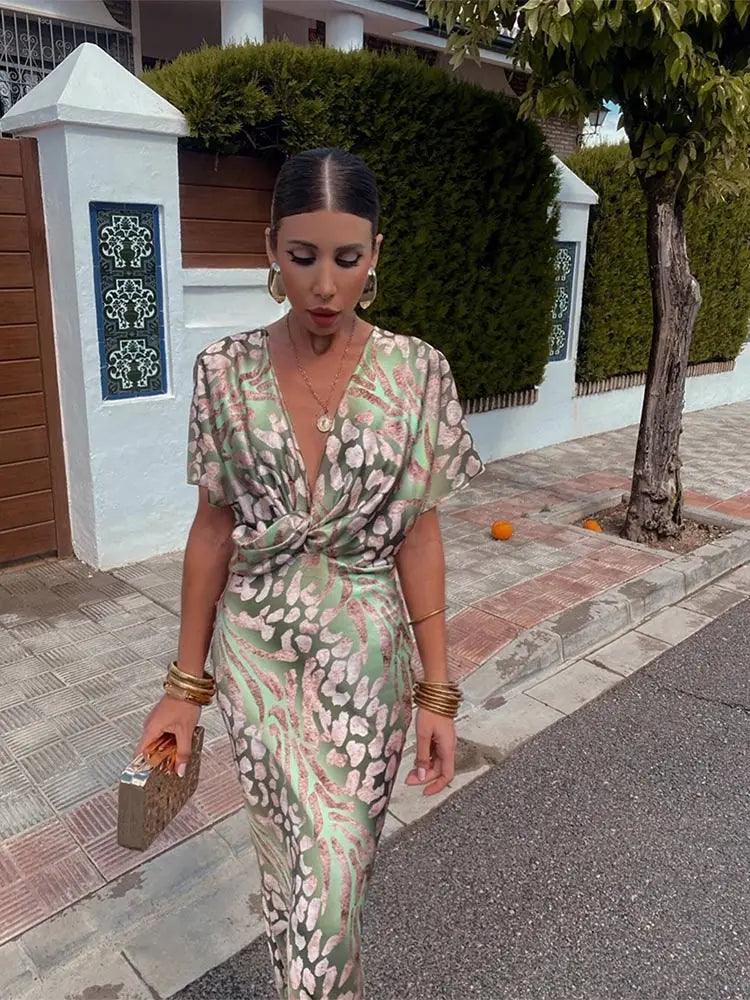 Elegantes Blumen-Midi-Kleid für Damen – V-Ausschnitt, kurzärmelig, seitliche Ansicht