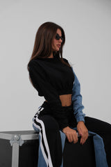 Taliya Tracksuit Damen schwarz mit Denimärmel und weitem Bein
