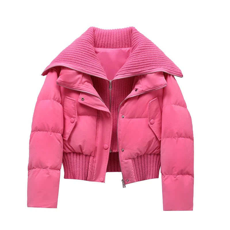 Rosa Pufferjacke mit Reißverschluss und Kragen