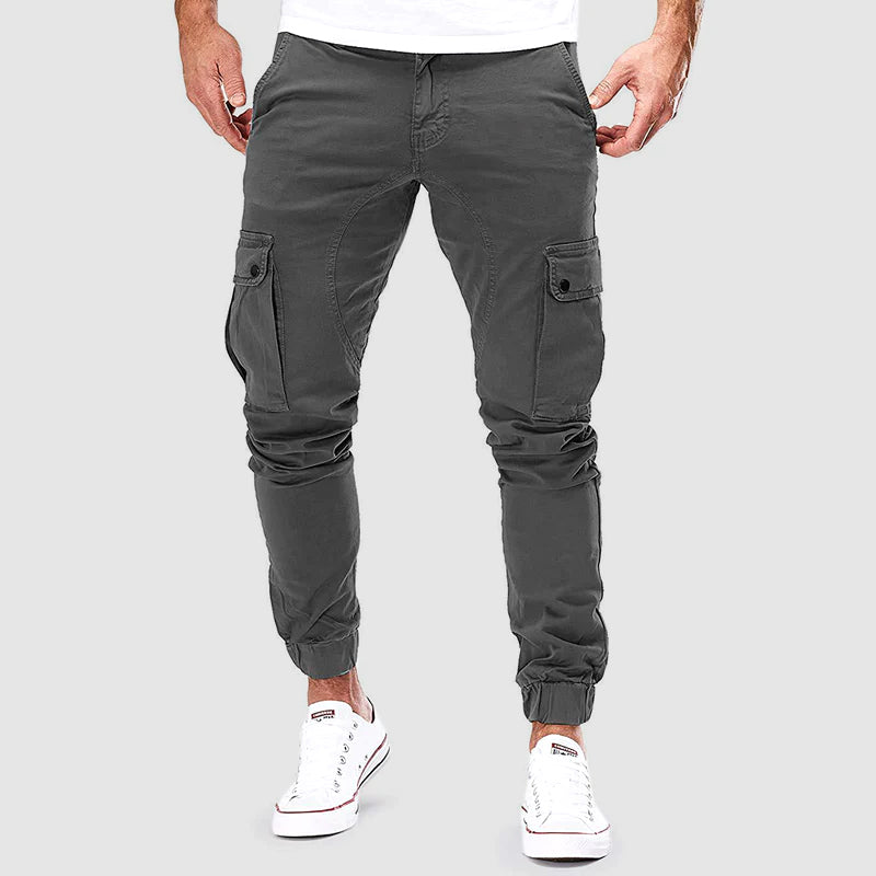 Donkergrijze cargo jogger – herenbroek met zijzakken en elastische band