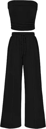 Elvani Lounge-Set Damen in Schwarz – Produktfoto ohne Model, schulterfreies Bandeau-Top mit Wide-Leg-Hose und Bindeband