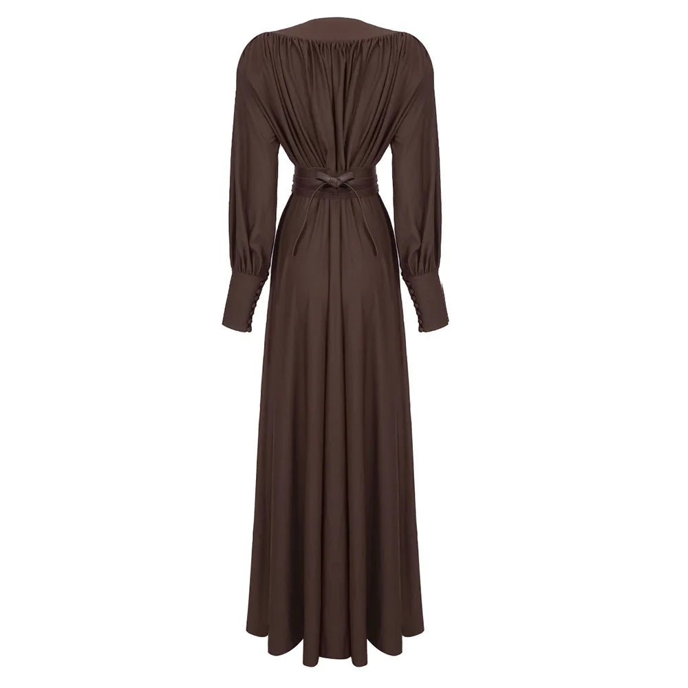 Elaris | Elegantes Maxi-Kleid mit Tiefem V-Ausschnitt & Breitem Taillenband