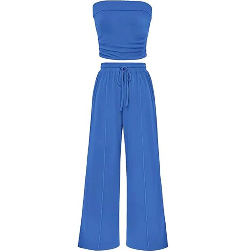 Elvani Lounge-Set Damen in Blau – Produktfoto ohne Model, schulterfreies Bandeau-Top mit Wide-Leg-Hose und Bindeband