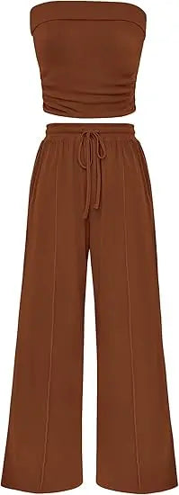 Elvani Lounge-Set Damen in Braun – Produktfoto ohne Model, schulterfreies Bandeau-Top mit Wide-Leg-Hose