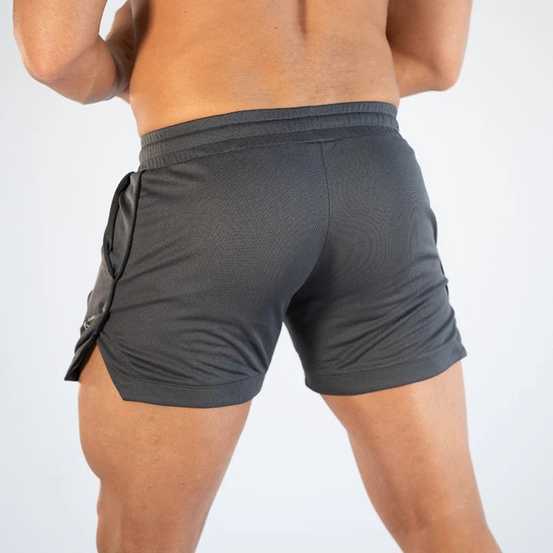 grijze gym short met elastische tailleband en trekkoord
