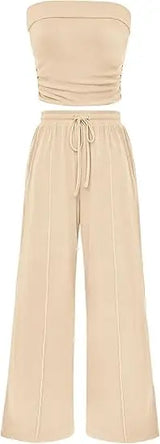 Elvani Lounge-Set Damen in Beige – Produktfoto ohne Model, Bandeau-Top mit Wide-Leg-Hose im Komplett-Look