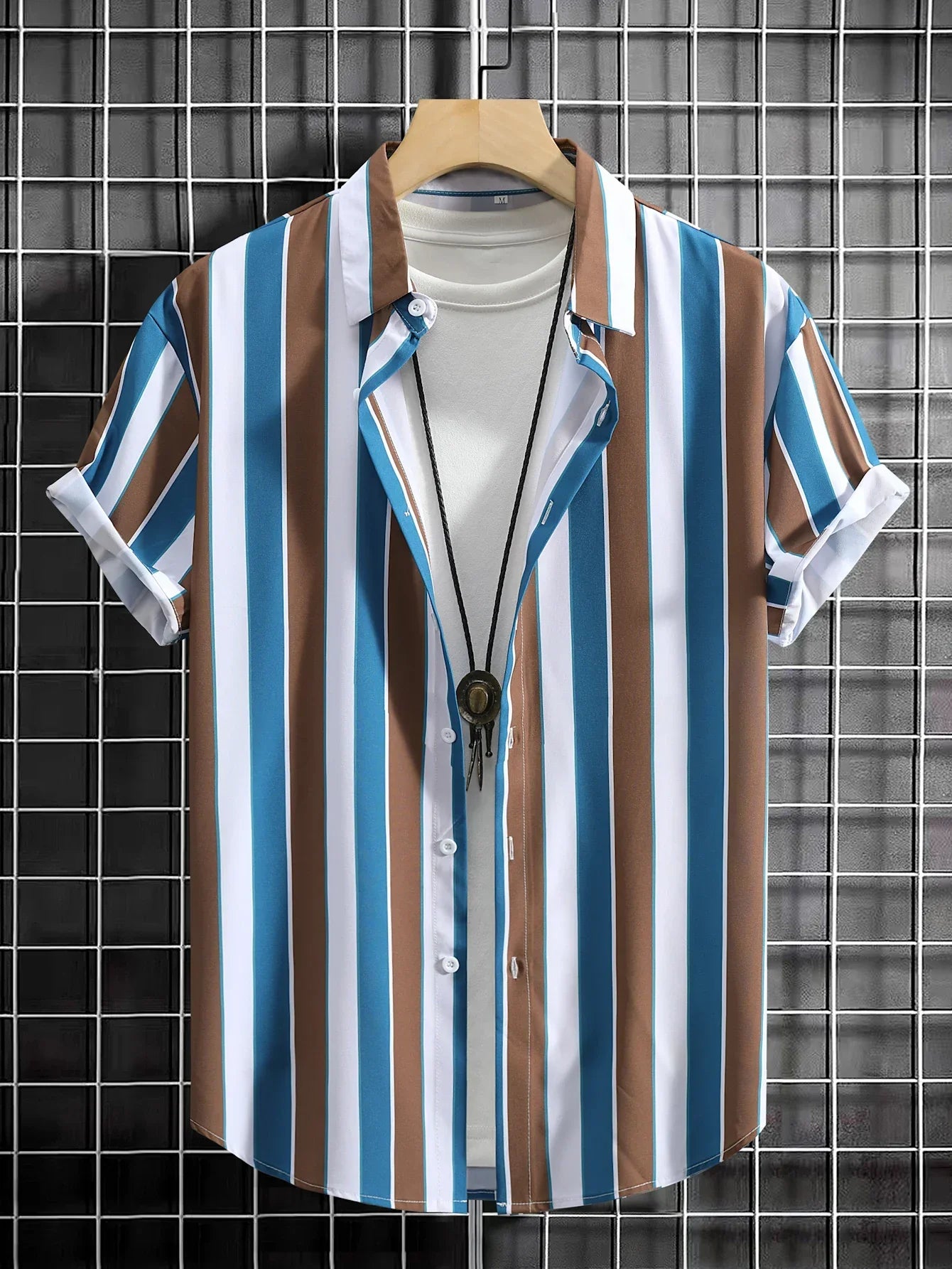 herenoverhemd gestreept wit blauw bruin
