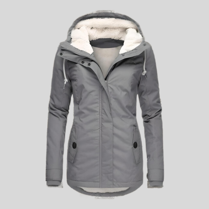 Graue lange Winterjacke mit Kapuze
