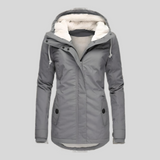 Graue lange Winterjacke mit Kapuze
