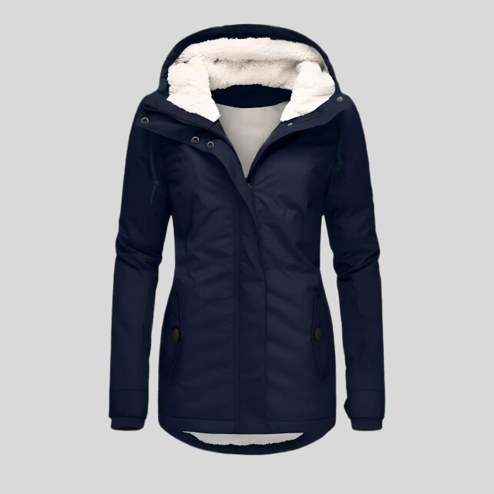 Lange wasserdichte Damen-Winterjacke mit Kapuze in Marineblau
