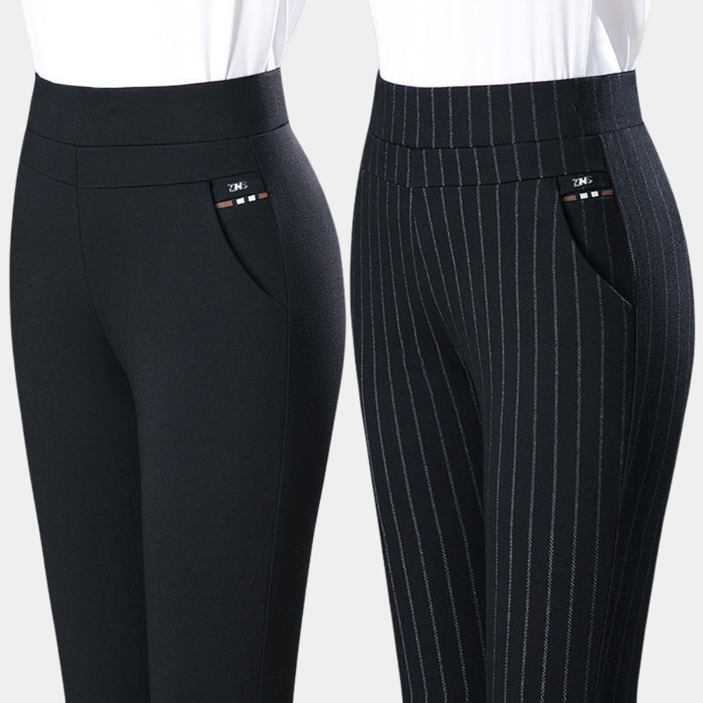 close-up van de hoge taille en elastische stof van damesbroek Lotte

