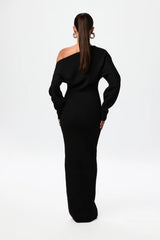 Amara Off-Shoulder Knit Maxi Dress zwart met lange mouwen
