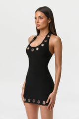 Talaine Vivienne Ösen-Minikleid in Schwarz, elegante Detailansicht des Neckholders