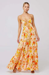 Strapless jurk met gele bloemenprint en vloeiende rok