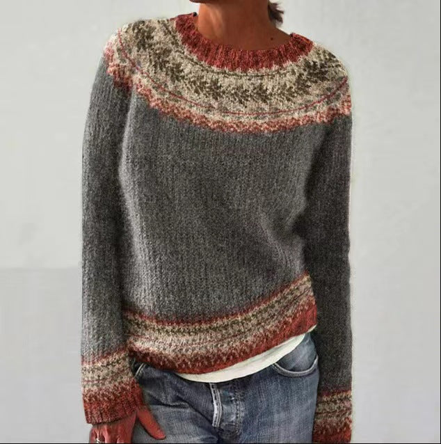 Strickpullover Damen dunkelgrau mit Retro-Print
