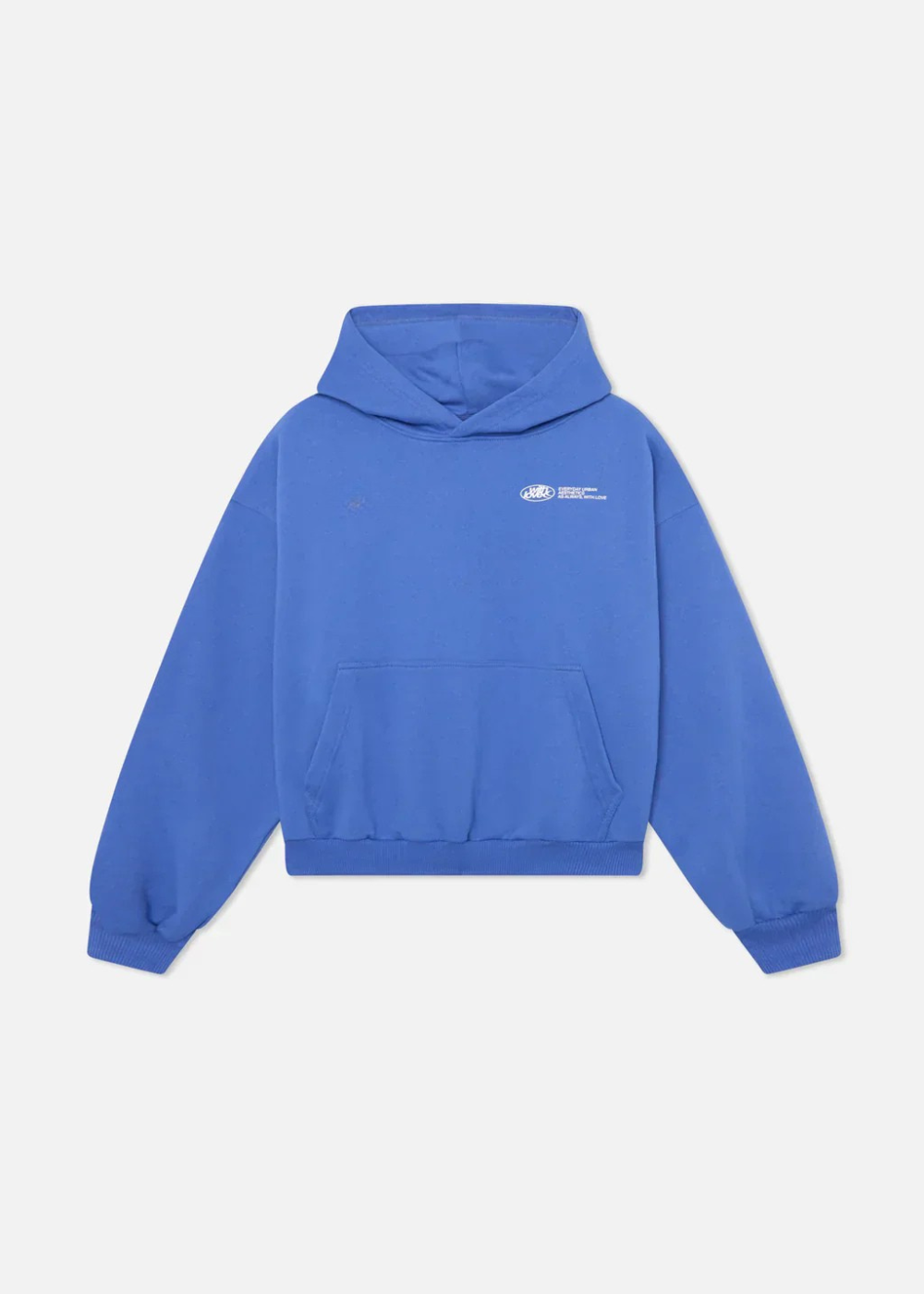 Model in blauem Oversize Hoodie am Strand
