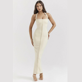 Aurora Maxi Kleid in Ecru mit Halterneck und Rückenausschnitt
