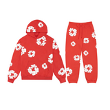 rood trainingspak met opvallende witte bloemdetails voor unisex styling
