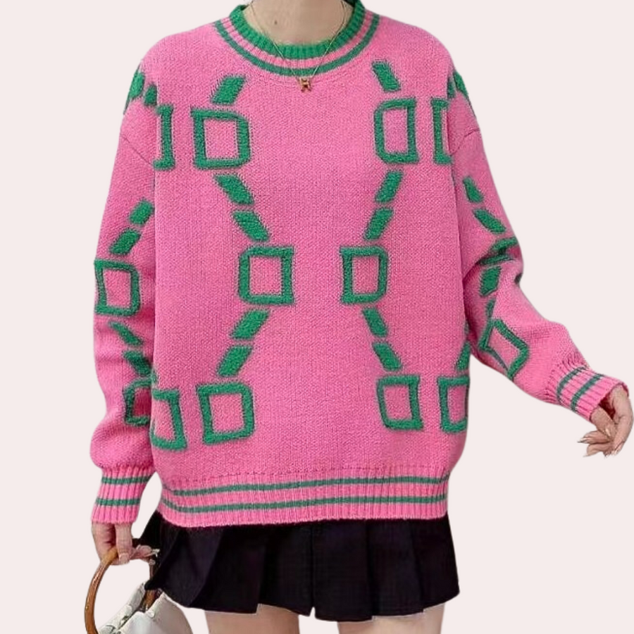 Alice Trui voor dames met geometrische print, verkrijgbaar in grijs, roze en wit. Comfortabele en stijlvolle trui.