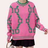 Alice Trui voor dames met geometrische print, verkrijgbaar in grijs, roze en wit. Comfortabele en stijlvolle trui.