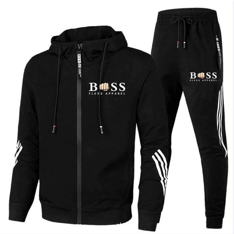 zwarte heren trainingspak met witte streepdetails en hoodie