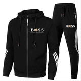 zwarte heren trainingspak met witte streepdetails en hoodie