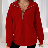 Angelica Luxe Winter Sweatshirt in rood met half-zip en zachte stof voor dames.