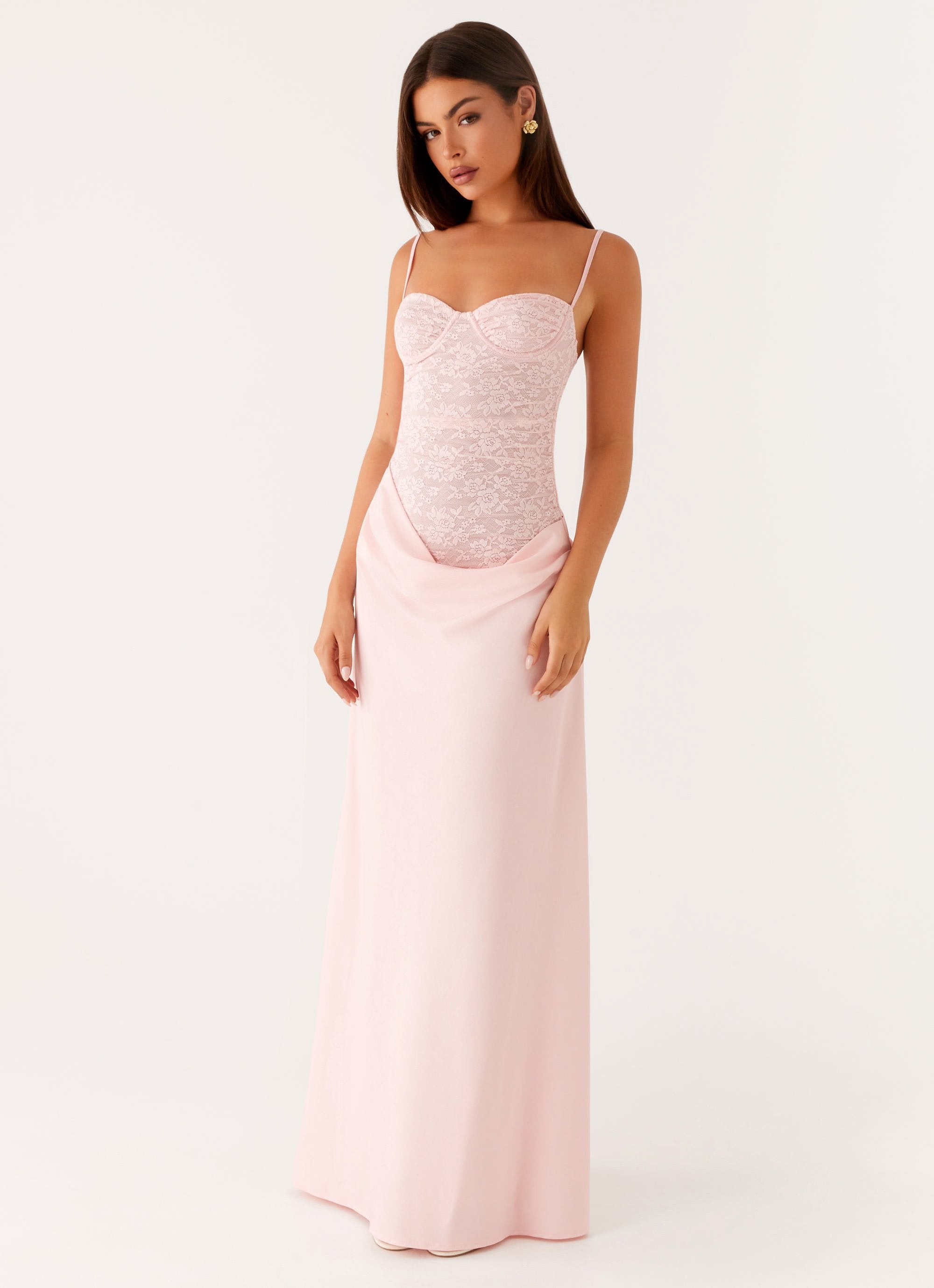 rosa maxi kleid mit spitzen corsage und satinrock damen