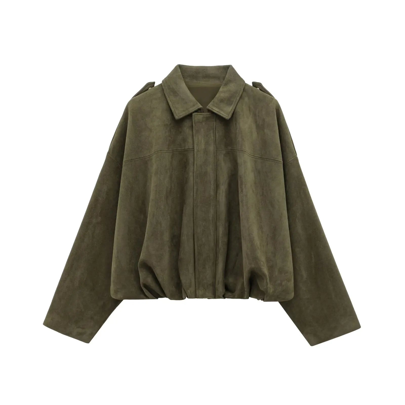 Olijfgroene korte suède look jas met epauletten