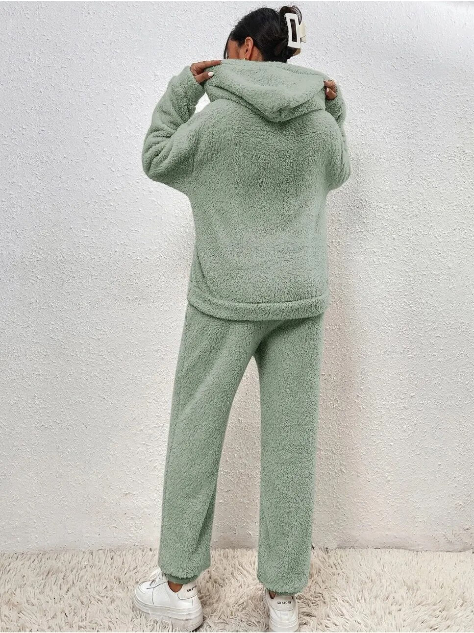 Grüner Teddy Hoodie Hausanzug Damen