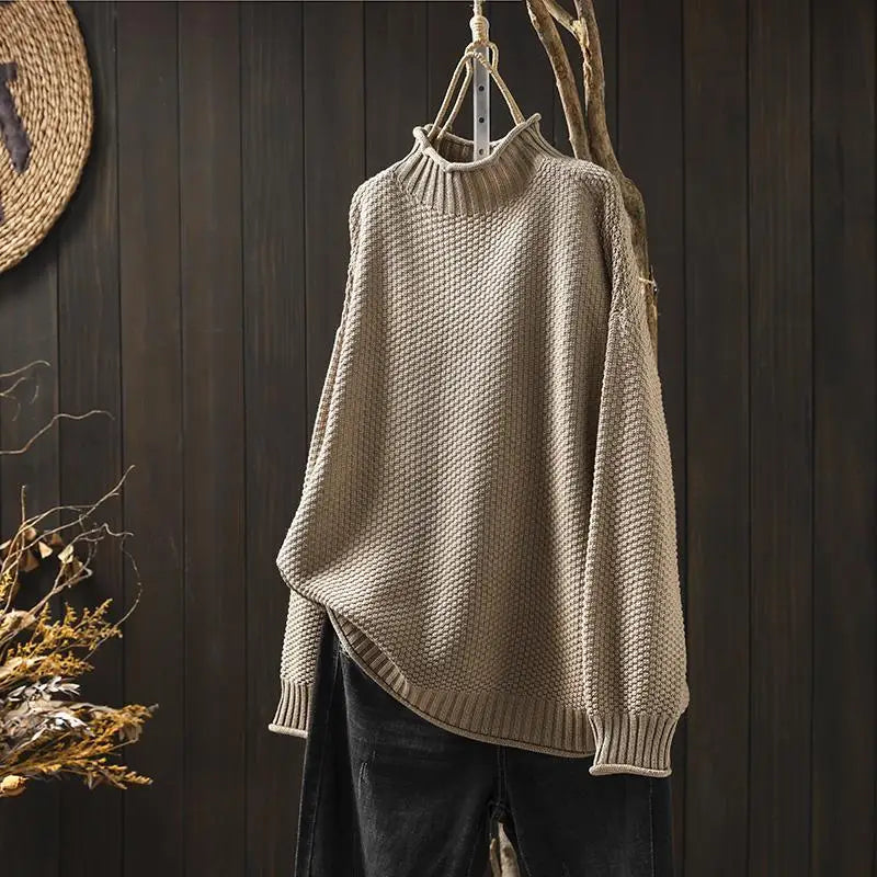 beige kasjmier look sweater voor dames met losse pasvorm en ronde hals