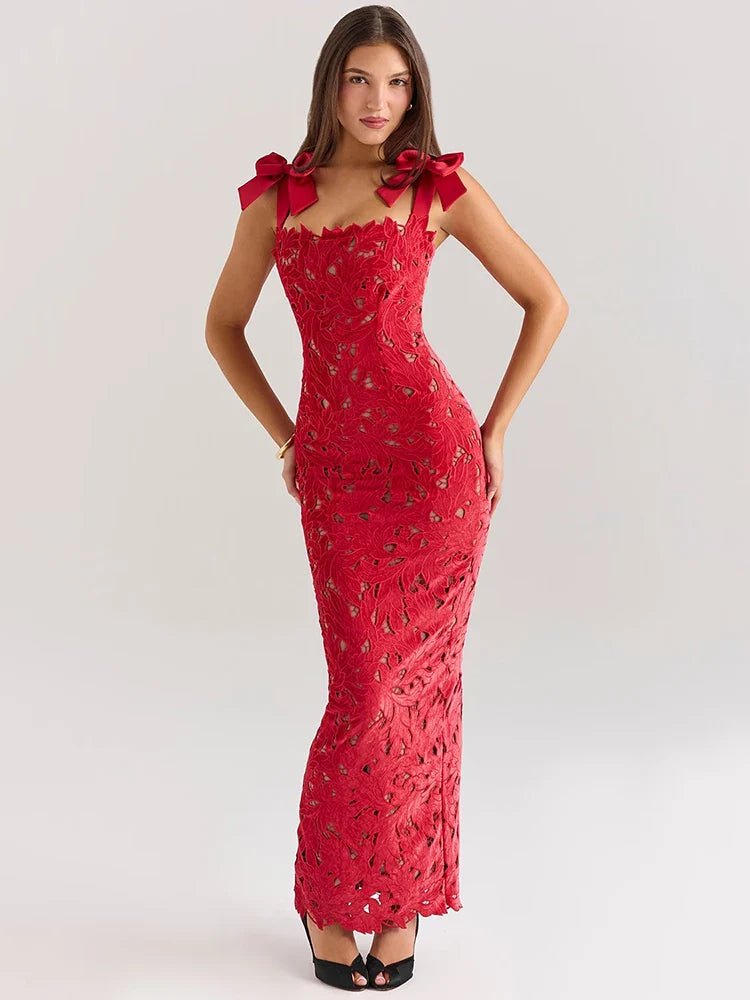 Midnight Rose Maxikleid in Rot mit Spitze und Schleifen