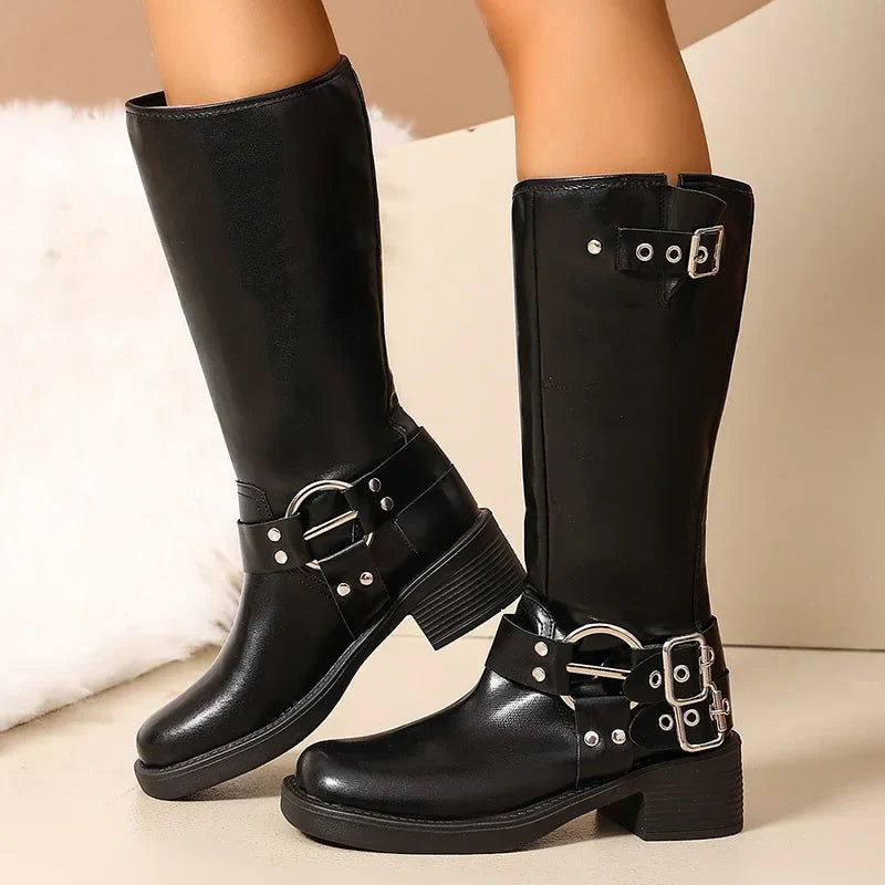 schwarze hohe biker boots mit schnallen und blockabsatz für damen