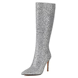 Lunéa Glitz Boots | Kniehohe Glitzerstiefel mit Spitze & Stilettoabsatz