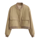 Bomber Jacket in khaki – dames tussenjas met grote zakken en een cropped fit, ideaal voor dagelijks gebruik.