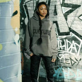 grauer hoodie mit strassschriftzug for the culture