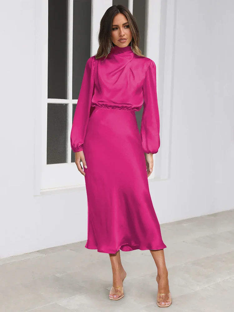 Kleid Damen Rosa Satin-Abendkleid Maxi mit langen Ärmeln – Elowen von Talaine, feminine Passform