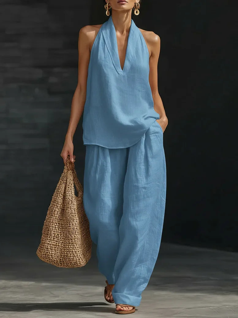 Leinen-Set Damen Blau Neckholder-Top und weite Hose – Marisol von Talaine, Farbansicht Blau