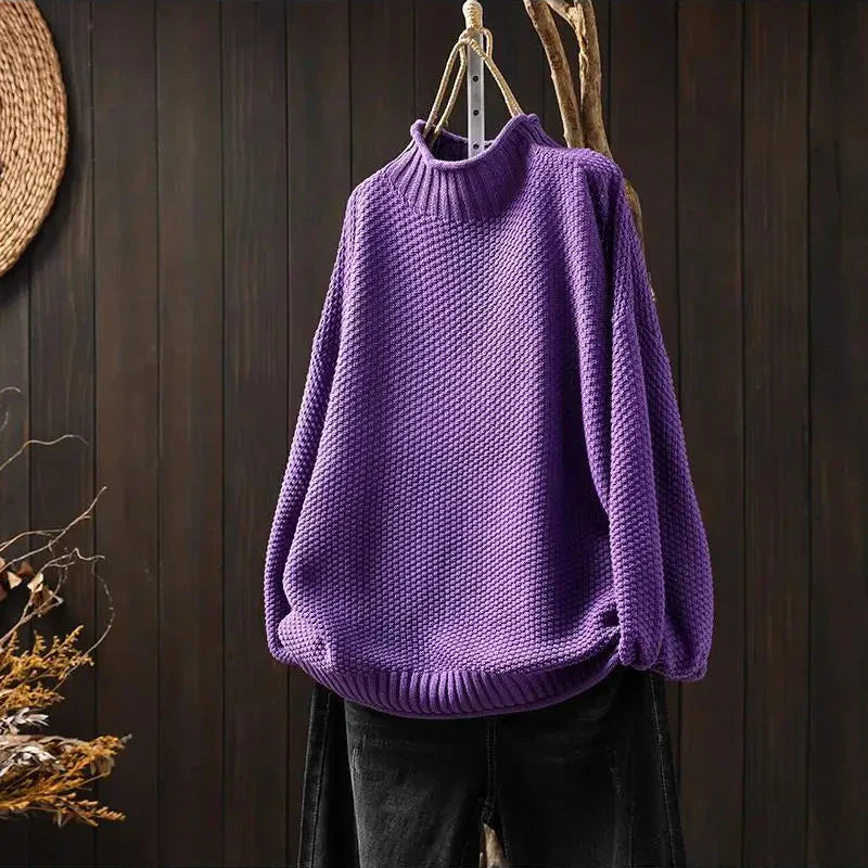 paarse handgebreide damestrui met kasjmier look en relaxte pasvorm