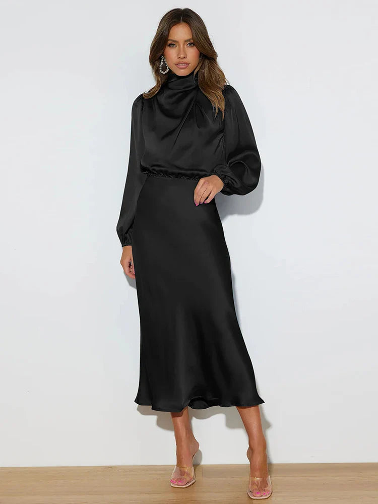 Kleid Damen Schwarz Satin-Abendkleid Maxi mit langen Ärmeln – Elowen von Talaine, eleganter Auftritt