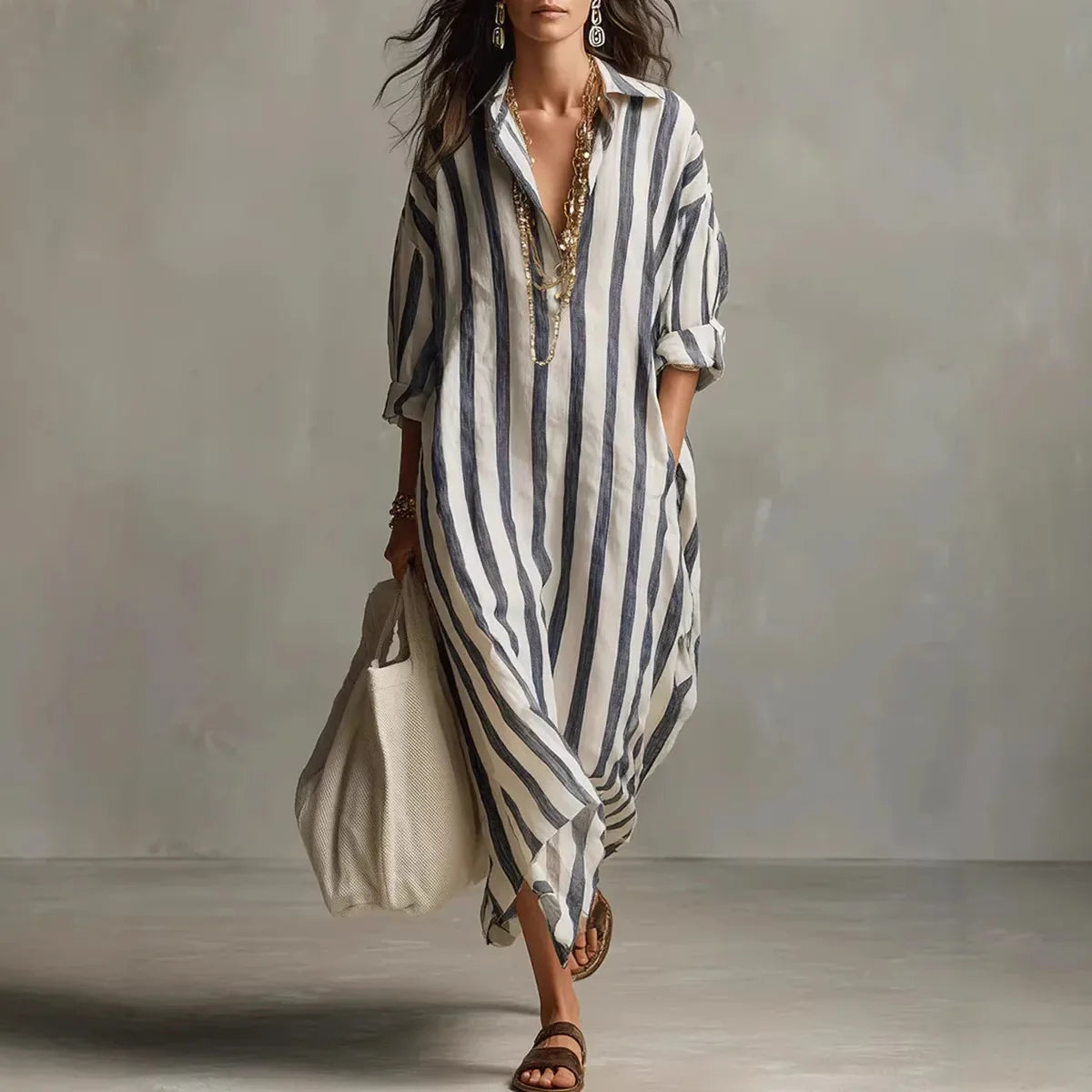 Maxikleid Damen Anthrazit mit vertikalen Streifen – Velira von Talaine, eleganter Alltags-Look