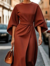 Rotes Midi Kleid für Damen mit eleganten Trompetenärmeln – semi-formal