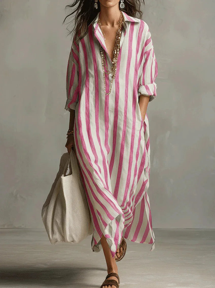 Maxikleid Damen Rosa mit vertikalen Streifen – Velira von Talaine, feminine Silhouette