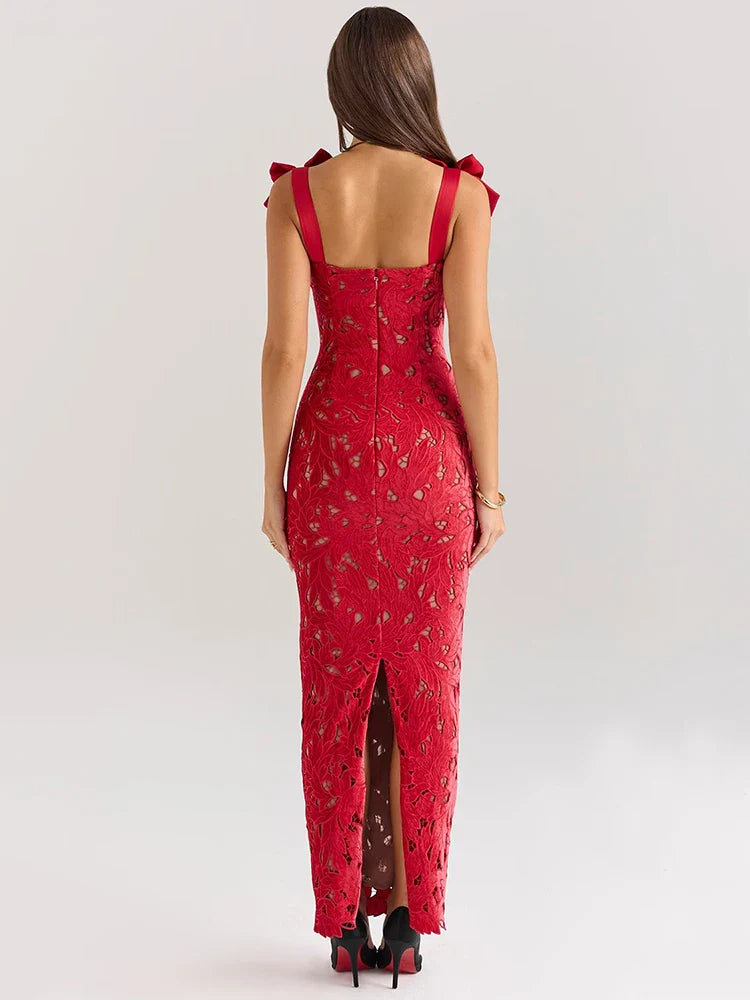 Midnight Rose Maxikleid in Rot mit Spitze und Schleifen