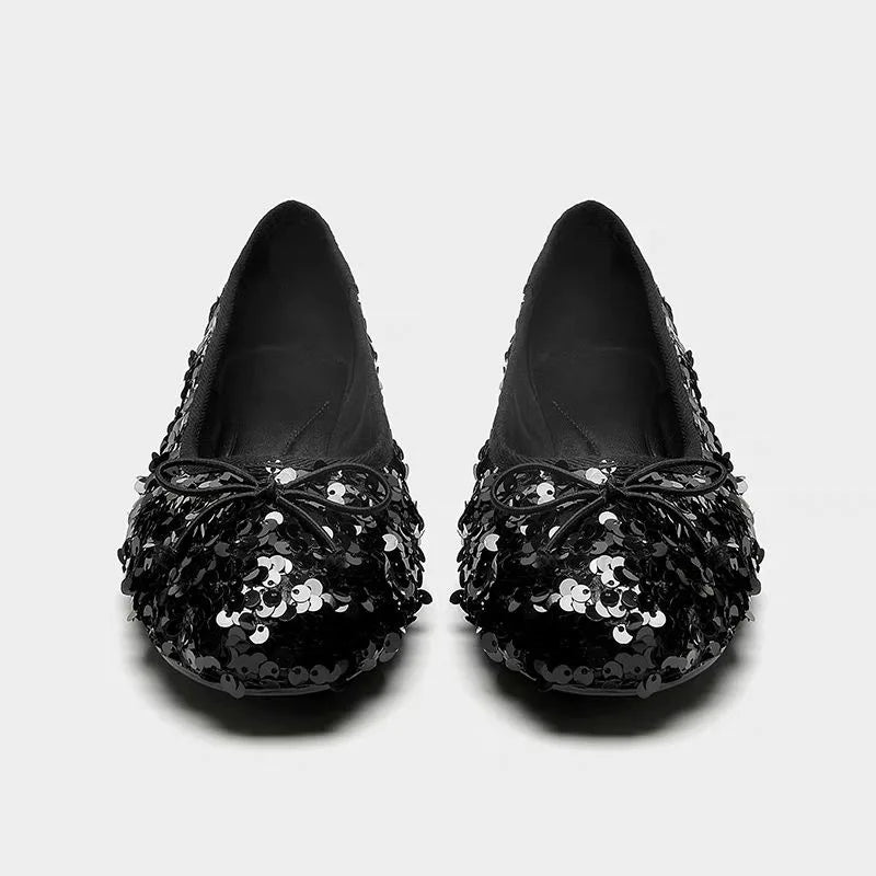 Veloura Pailletten-Ballerinas Champagne – Rückansicht mit Schleifen-Detail