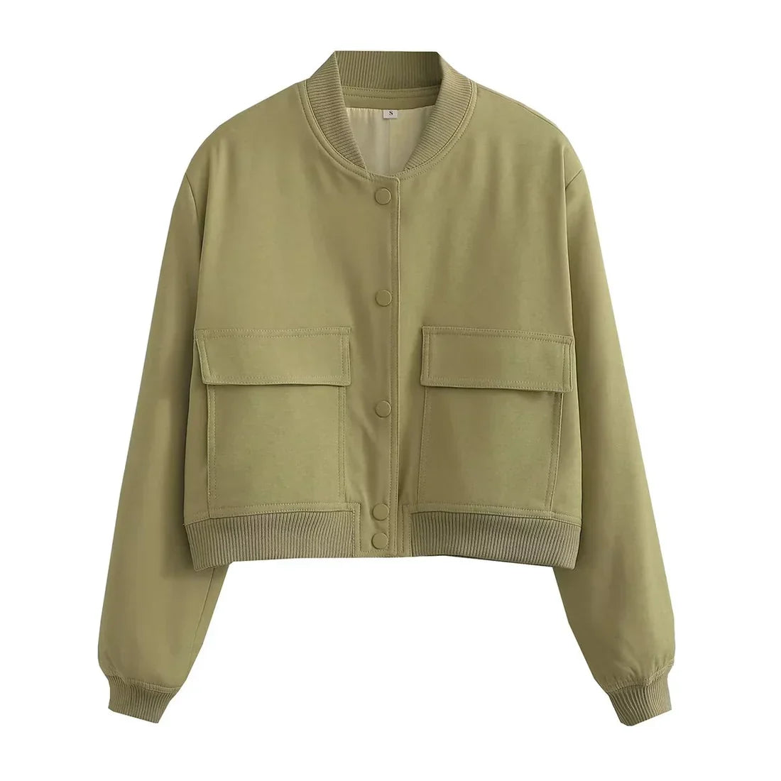  olijfgroen – dames tussenjas met grote zakken en een cropped fit, ideaal voor dagelijks gebruik.