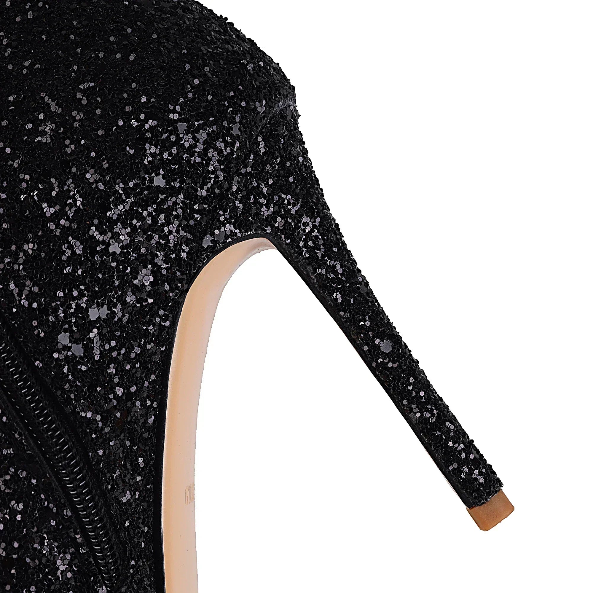 Lunéa Glitz Boots | Kniehohe Glitzerstiefel mit Spitze & Stilettoabsatz