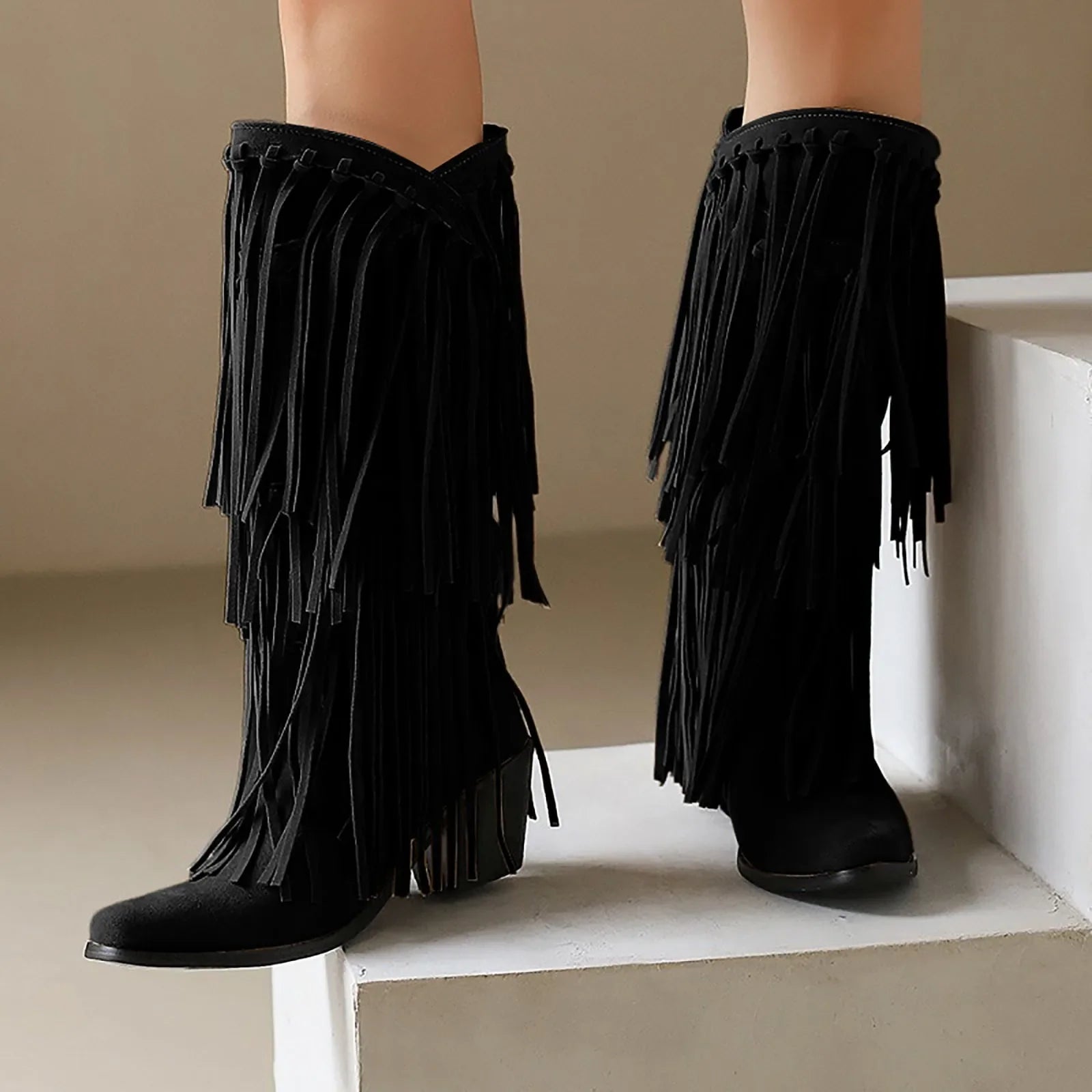 DesertSoul Fringe Boots Damen schwarz hoch mit Fransen
