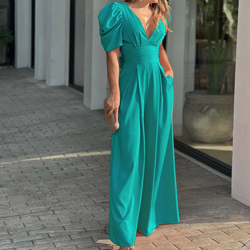 Talaine Marlowe Wide-Leg Jumpsuit in Grün mit hoher Taille und kurzen Ärmeln für Damen