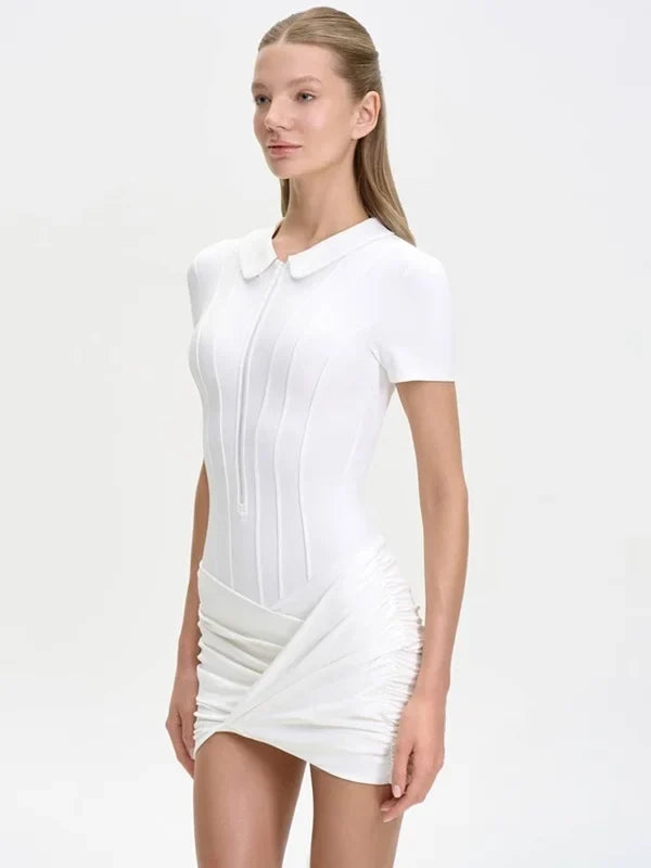 Set Damen Weiß aus Poloshirt-Body und Wickelrock – Liva von Talaine, Farbansicht Weiß